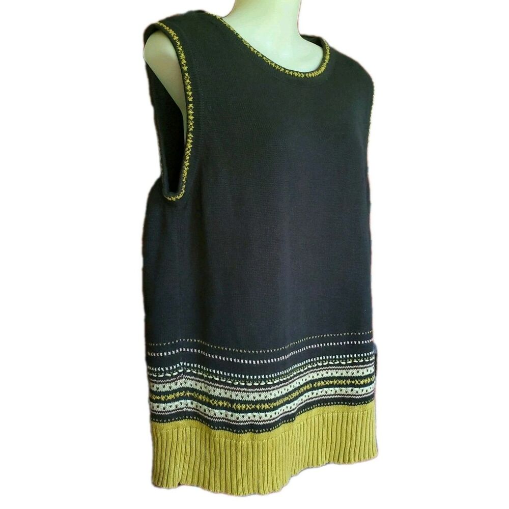 VTG Sleeveless Sweater Womens L Green Fair Isle Stripe Indie Cabin Grandpa 90s